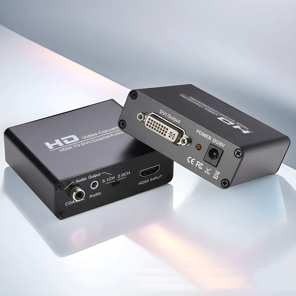 Black HDMI to DVI video converter with coaxial audio output and a 1.5-metre long cable