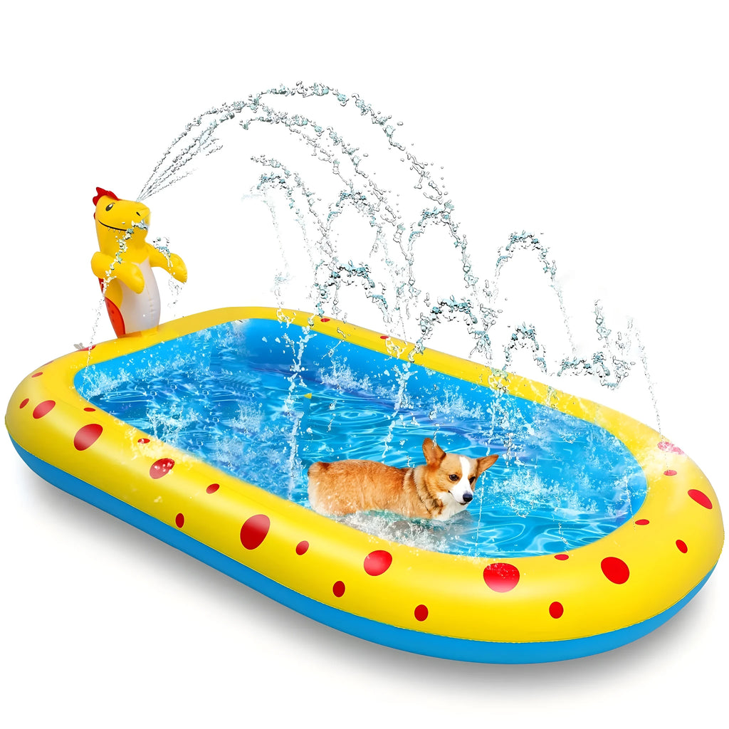 Blue dinosaur-shaped inflatable water spray pool with shark design features for kids outdoor play