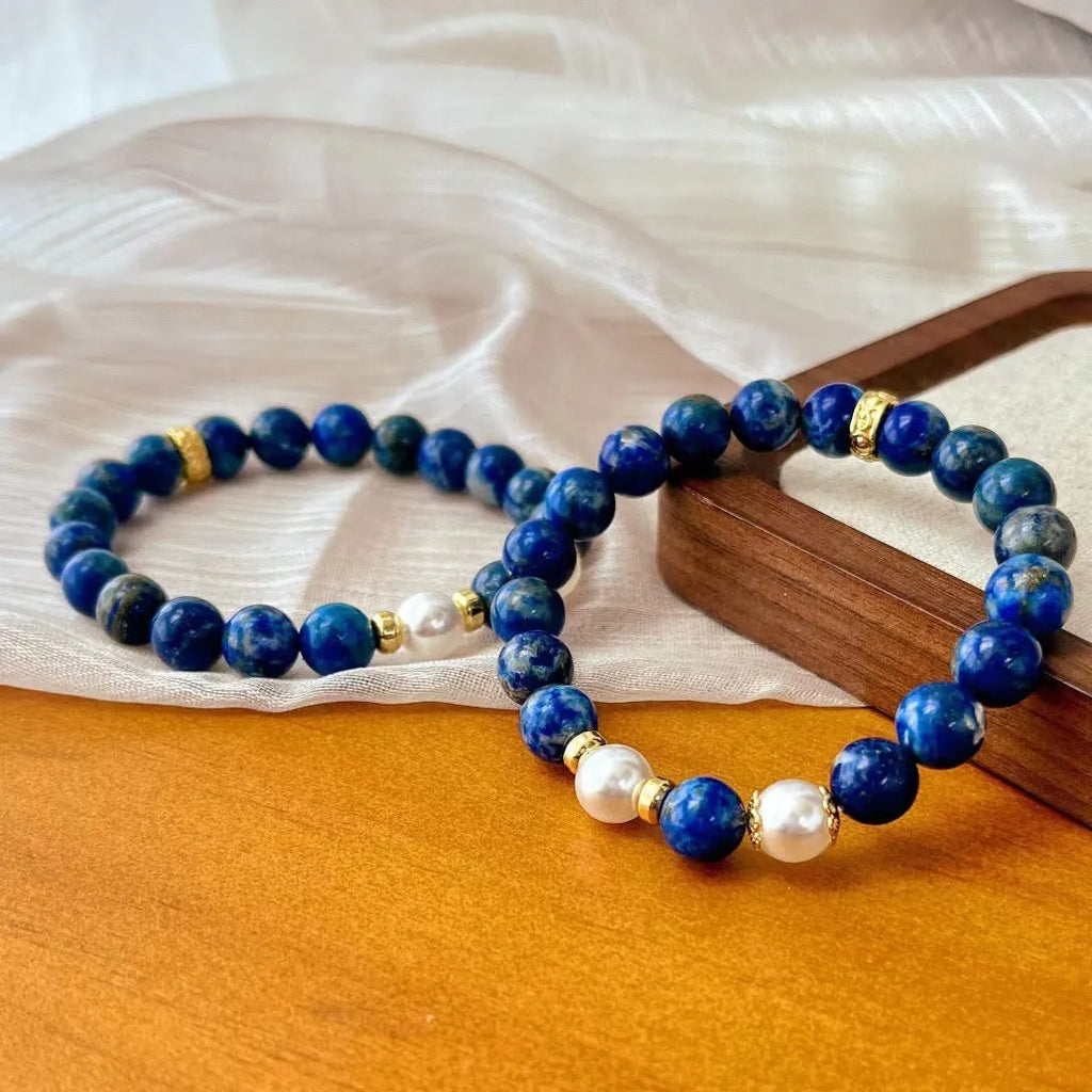Chinese style lapis lazuli bracelet with green gold stone beads and adjustable clasp