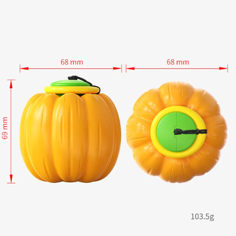 Green, orange, and yellow plastic pumpkin-shaped dog chew toy with squeaker.