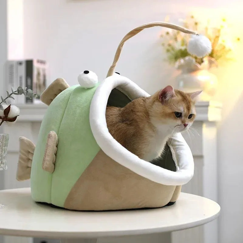 Semi-closed winter pet house in grey deerskin velvet showing lantern fish design with cat inside
