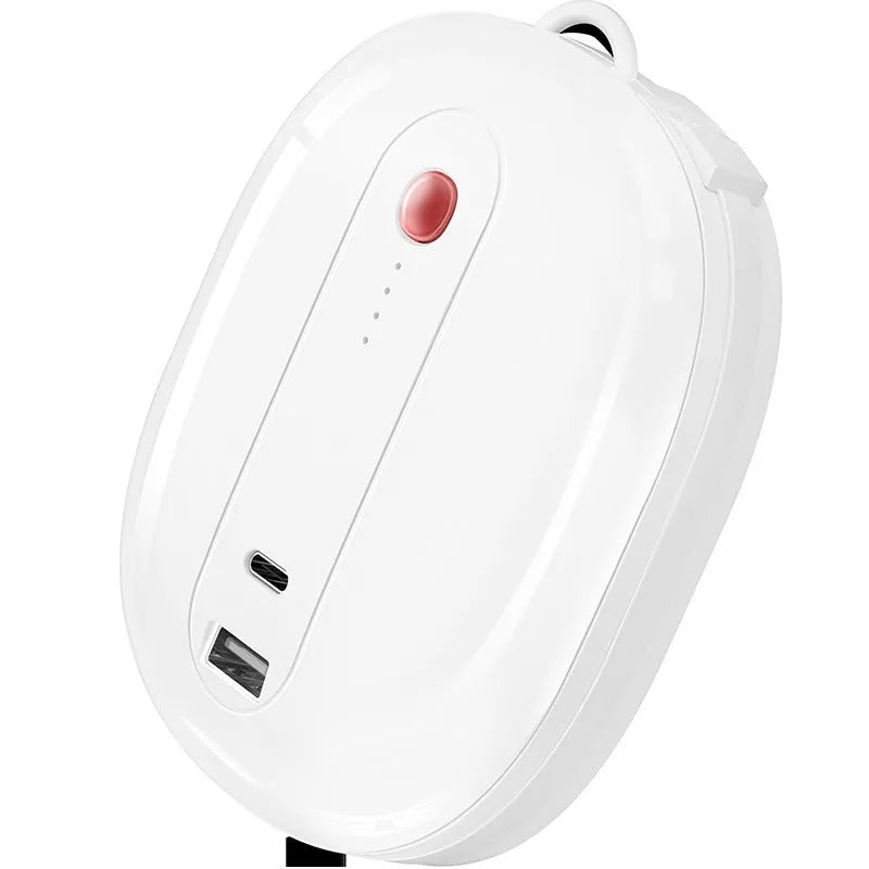 White and black two-in-one power bank with integrated plug showing 10000mAh capacity and compact size
