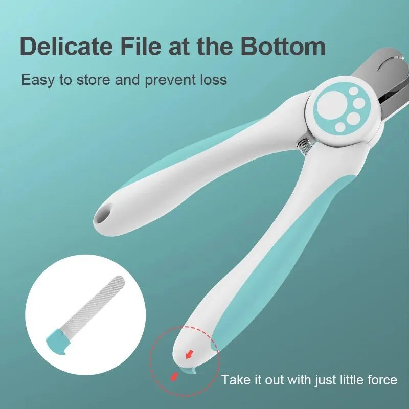 Blue and white pet nail clippers with safety stop for dogs and cats