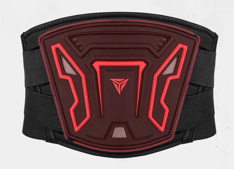 MDL1028 motorcycle waist support band in black and red colours showing M, L, XL sizing options