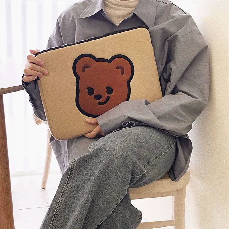 Cotton cloth notebook sleeve bag with zipper and cartoon pattern in 11 inch size