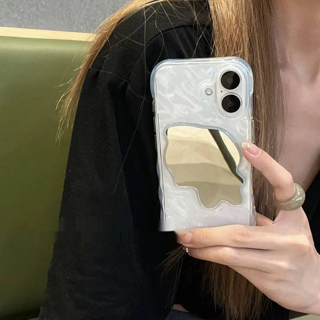 Solid colour iPhone case with a water ripple texture and a reflective mirror back, shown in a beige colour option.