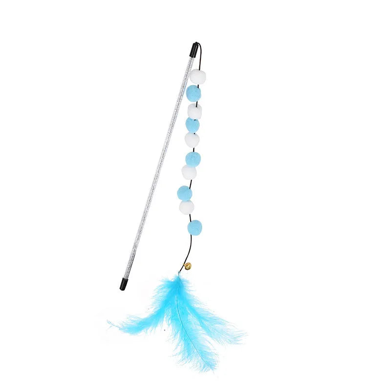 A blue acrylic cat teaser wand with pompon feathers and a bell, shown next to a grey and yellow version.