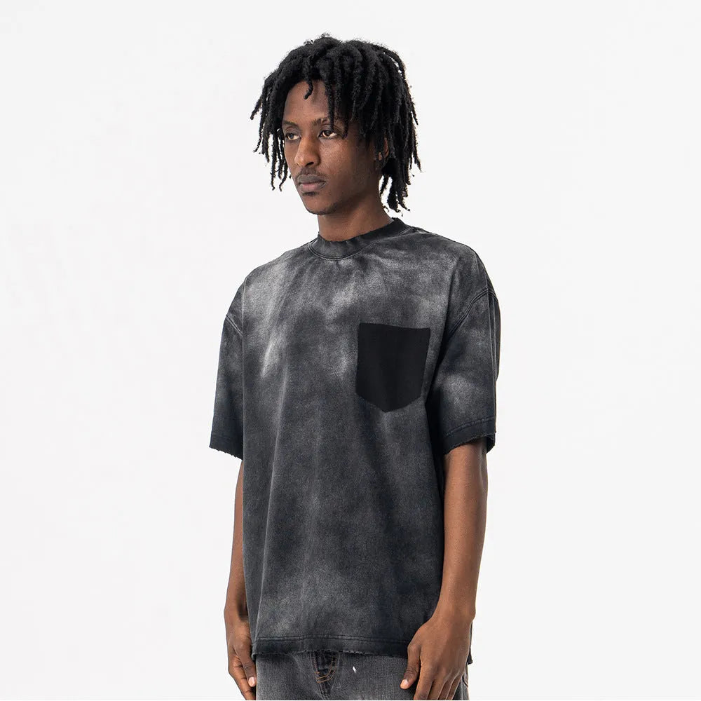 Men's black cotton t-shirt with printed letter patterns and drop-shoulder sleeves in loose street fashion style