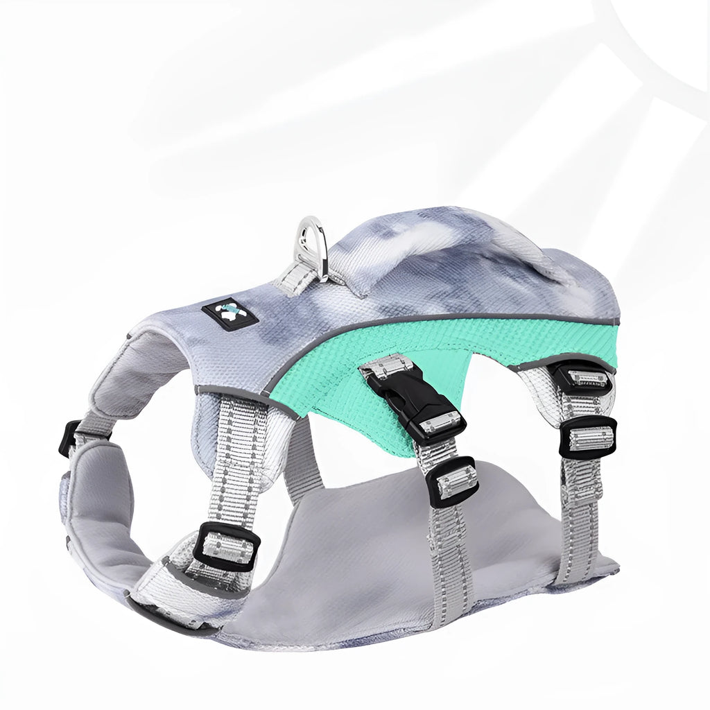 Reflective pet cooling chest strap in polyester material with adjustable design