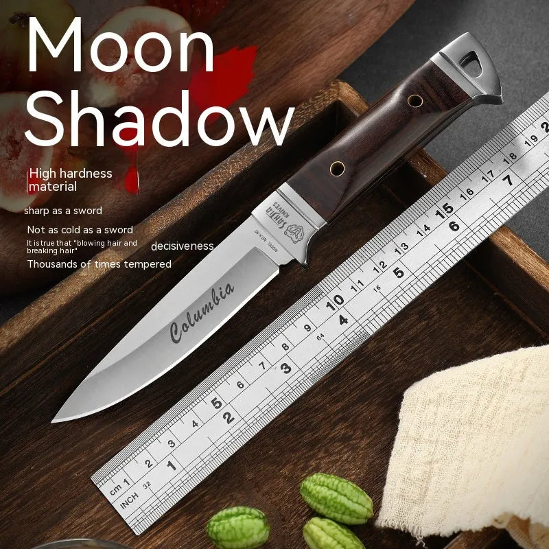Camping portable fruit knife with leather case, stainless steel blade, national style design