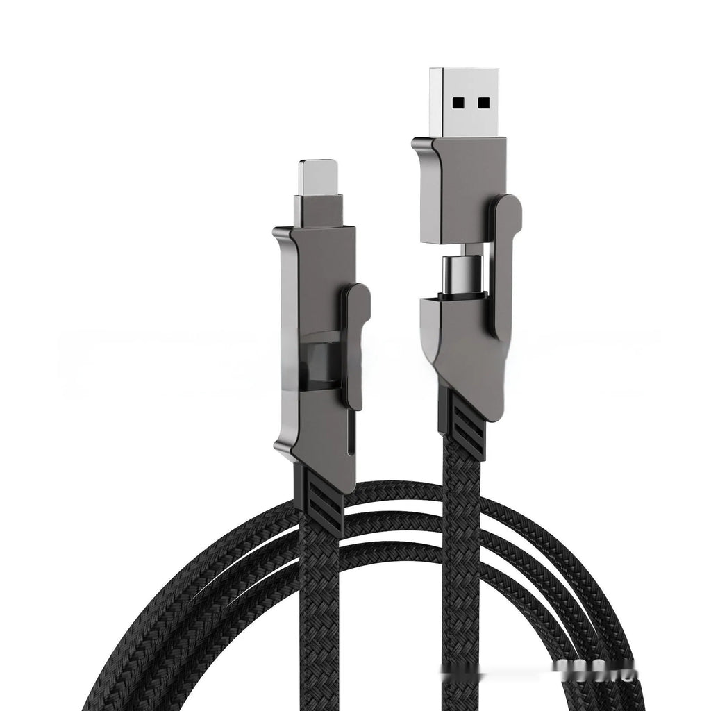 Six-in-one 120W fast charge data cable with Mini USB, Lightning, OTG, Micro USB, TYPE-C connectors in black with zinc alloy housing
