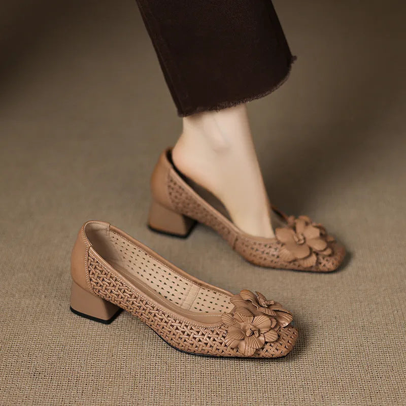 Light brown women's hollow pumps with a woven leather upper and a mid heel.