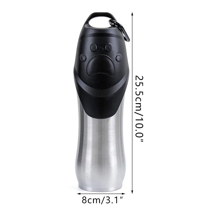 Stainless steel pet water bottle in 750ml size, natural steel finish, portable for dogs and cats