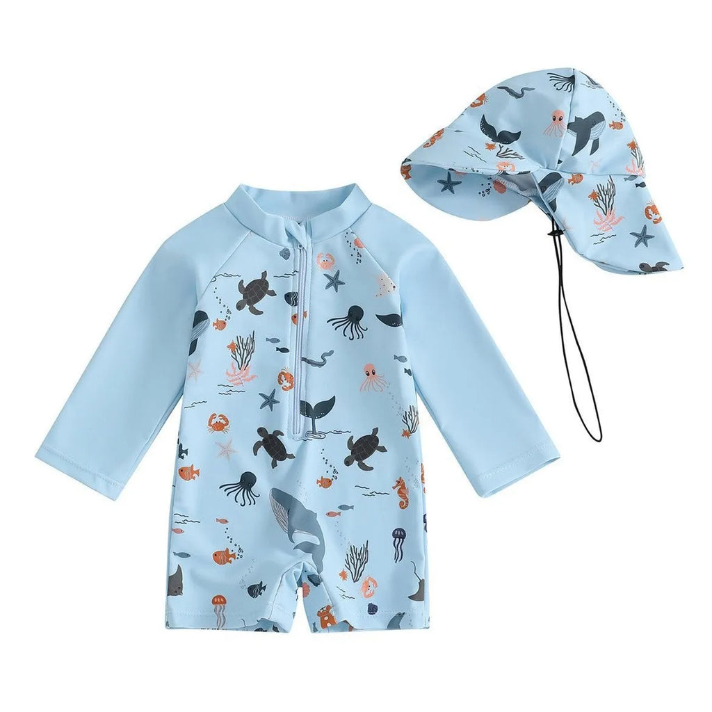 Boys one-piece long sleeves swimsuit in light blue with matching hat, cartoon pattern, sizes 70 to 120 cm