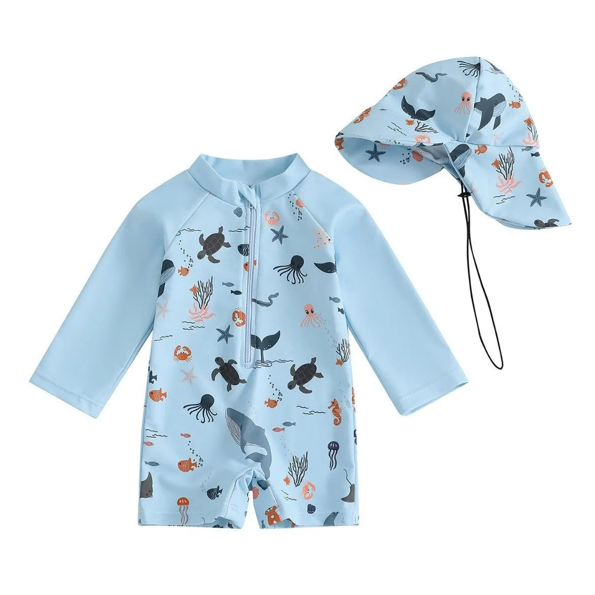 Boys one-piece long sleeves swimsuit in light blue with matching hat, cartoon pattern, sizes 70 to 120 cm