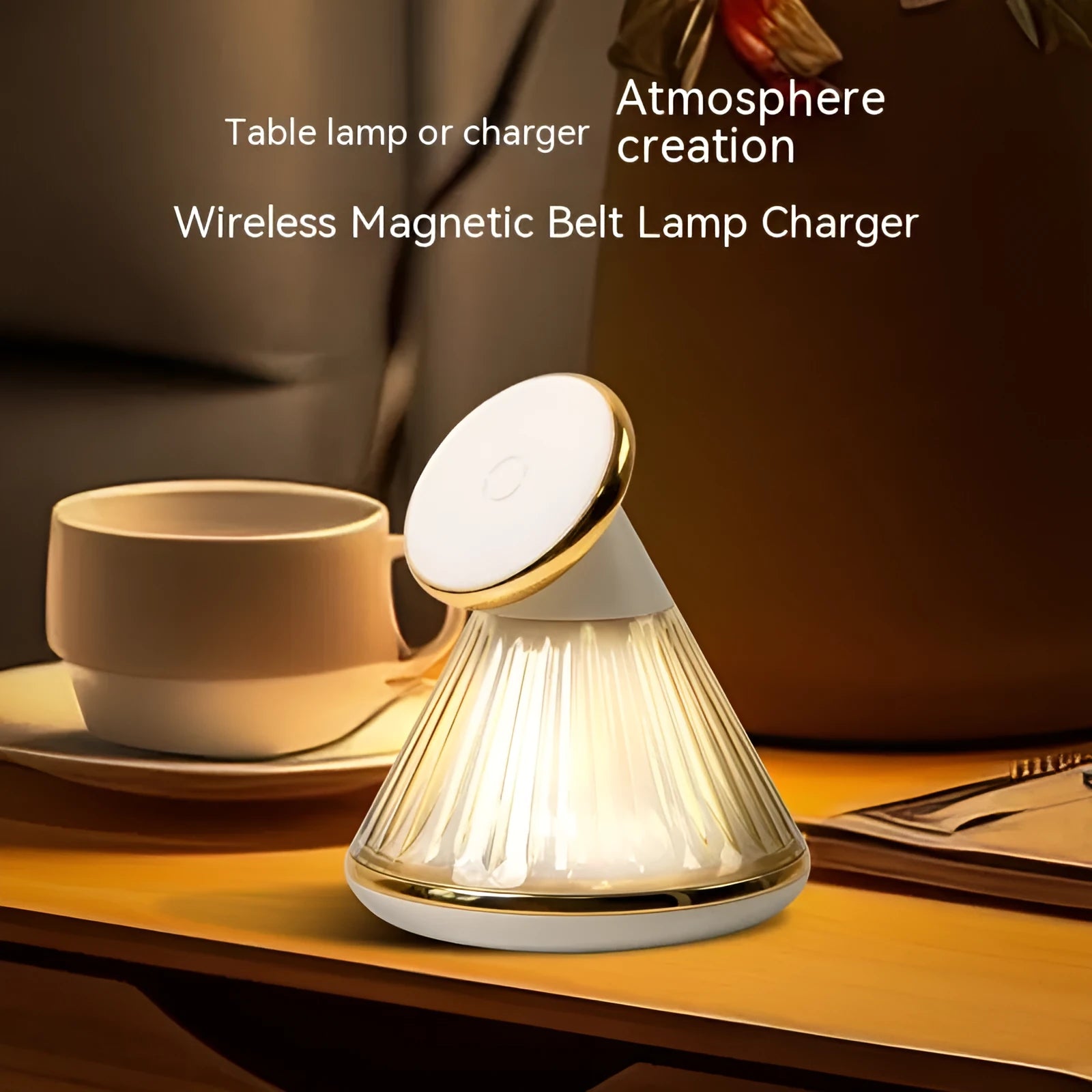 Night table lamp with wireless charging pad showing champagne gold finish and adjustable brightness controls