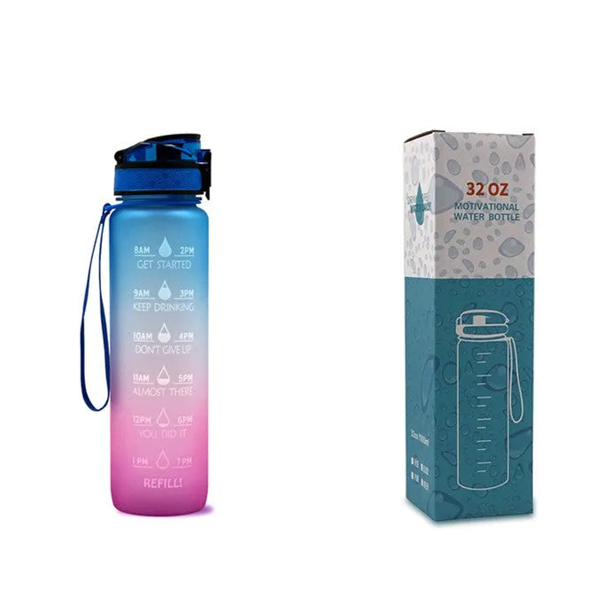 Blue and red gradient 1 litre Tritan sports water bottle with time markers and flip-top lid