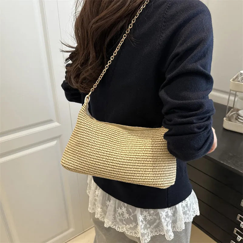 Straw woven square beach tote bag with sandwich pockets and shoulder strap in khaki colour