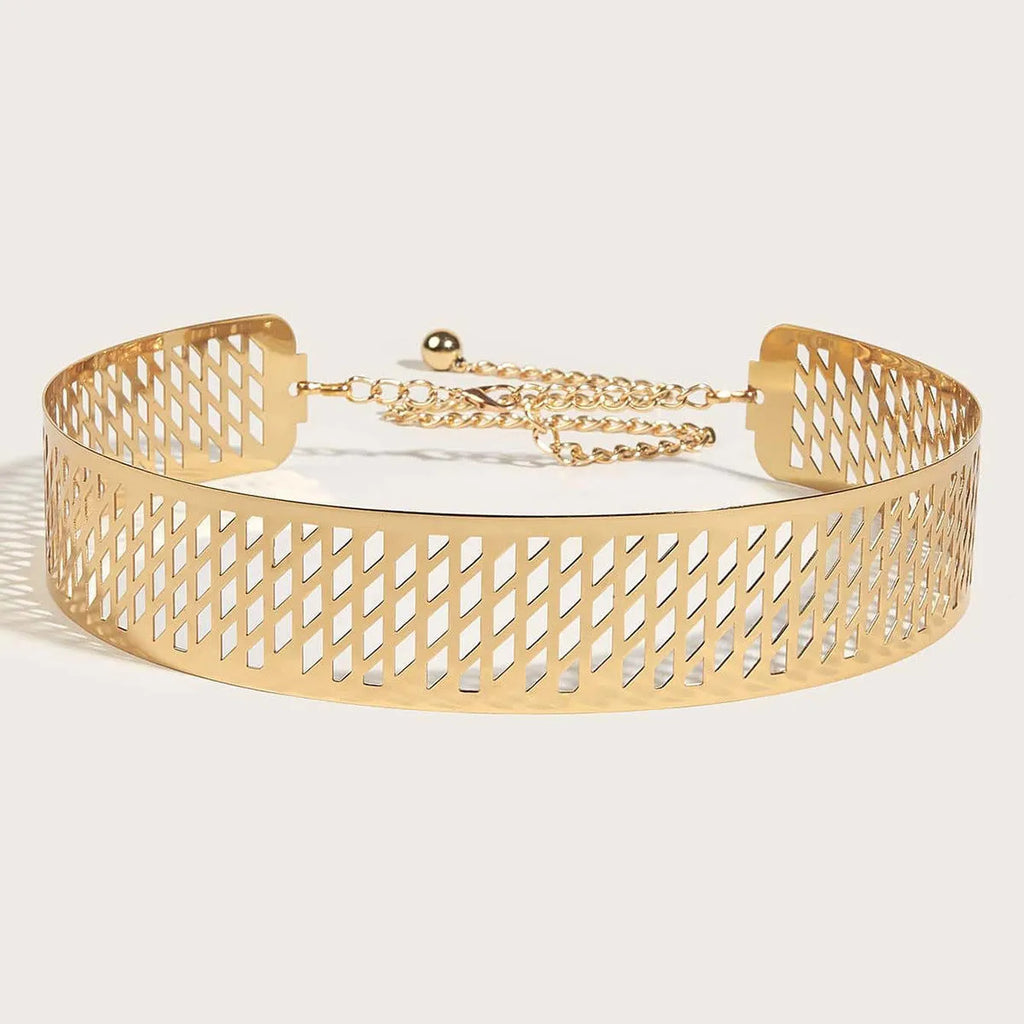 Gold iron waist ring belt with detailed lantern design, 4.5cm wide with alloy hook buckle.