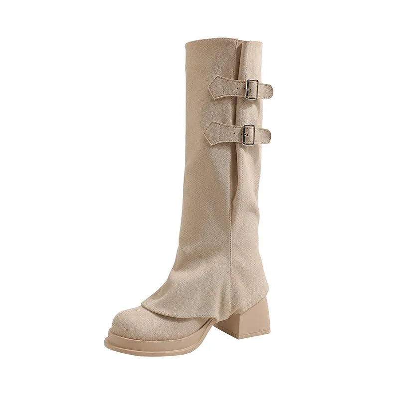 Women's removable pile chunky heel platform high leg boots in apricot suede with back zipper and round toe