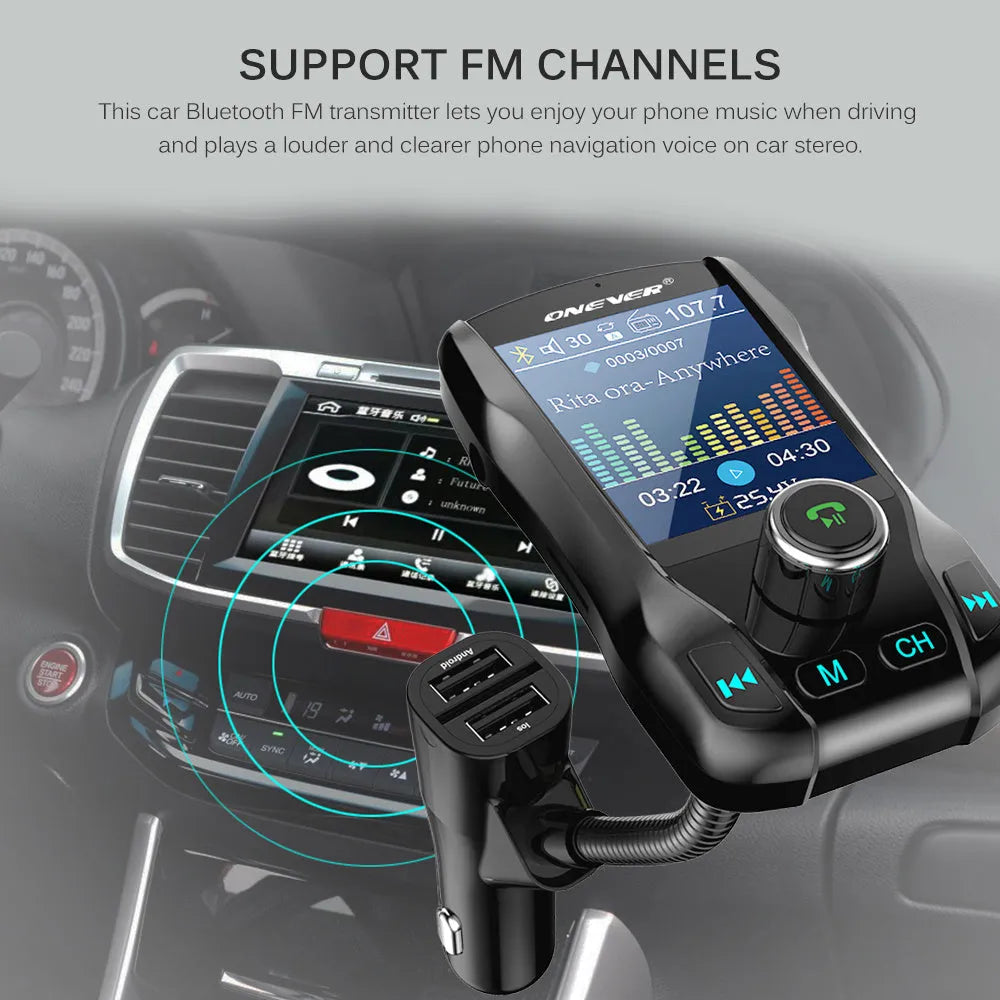 Black car Bluetooth FM transmitter with colour screen and dual USB ports plugged into a vehicle power socket.