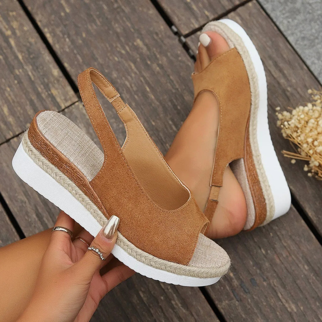 Women's plus size hemp rope cross wedge sandals with suede upper in black, sizes 36-43