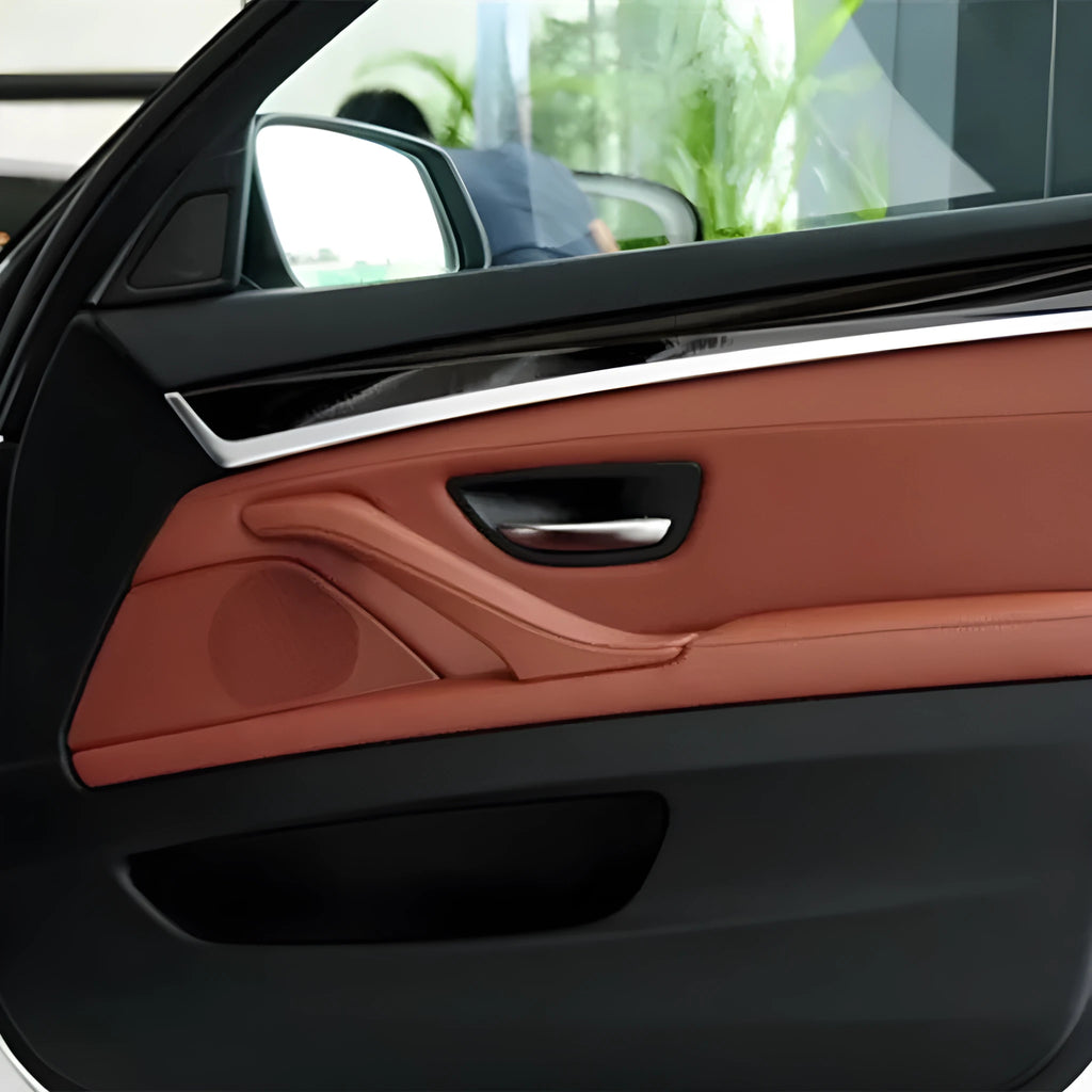 BMW 5 Series speaker cover in ABS PC plastic, shown in a choice of beige, white, grey, black, brown, or red-brown finishes.