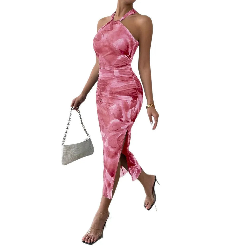 Off-the-shoulder printed A-line midi dress with split hem and backless detail in green and pink, sizes XS to XL