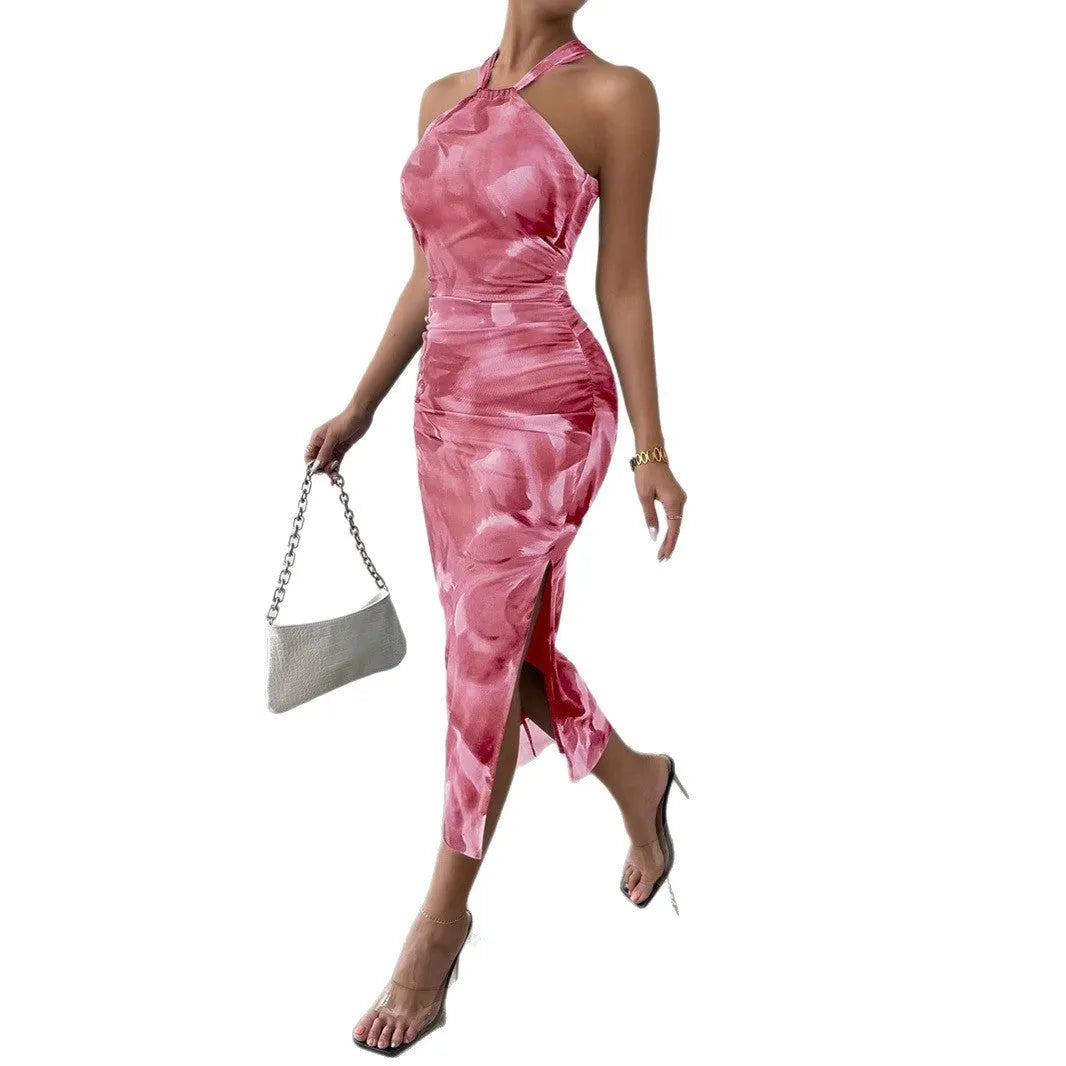 Off-the-shoulder printed A-line midi dress with split hem and backless detail in green and pink, sizes XS to XL