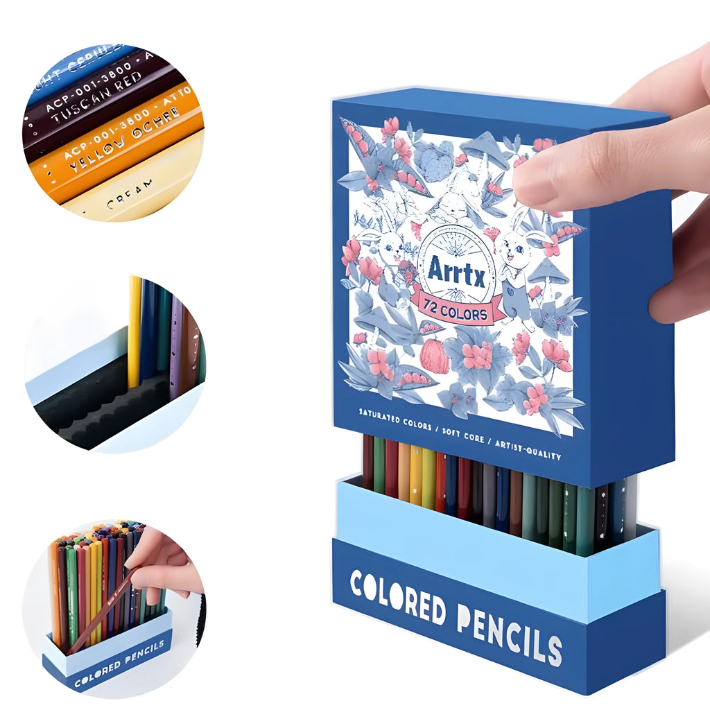 Boxed set of 72 soft core coloured pencils with basswood barrels for art students