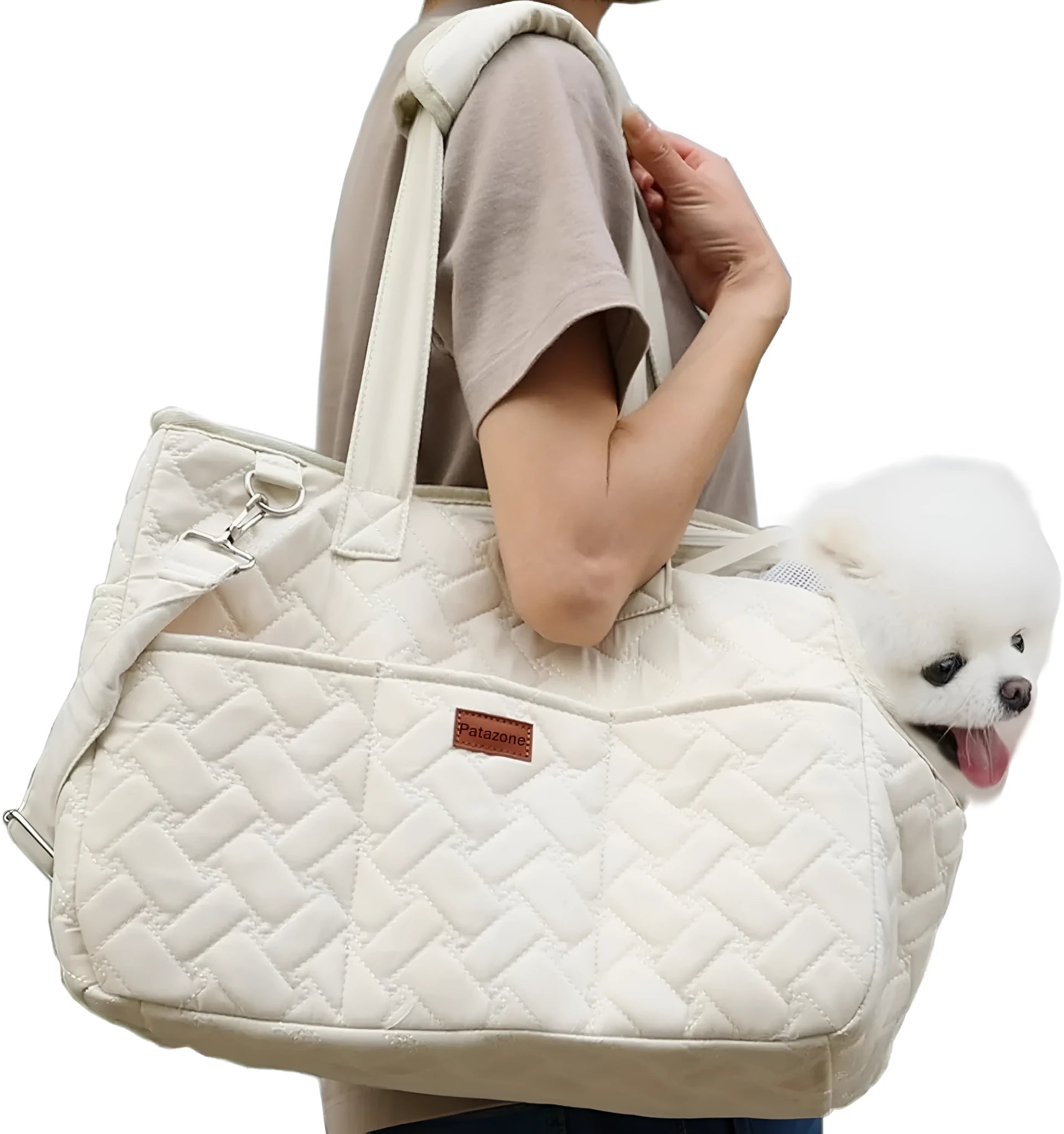 Grey pet carrier handbag with mesh windows and a safety strap, shown in a casual setting.