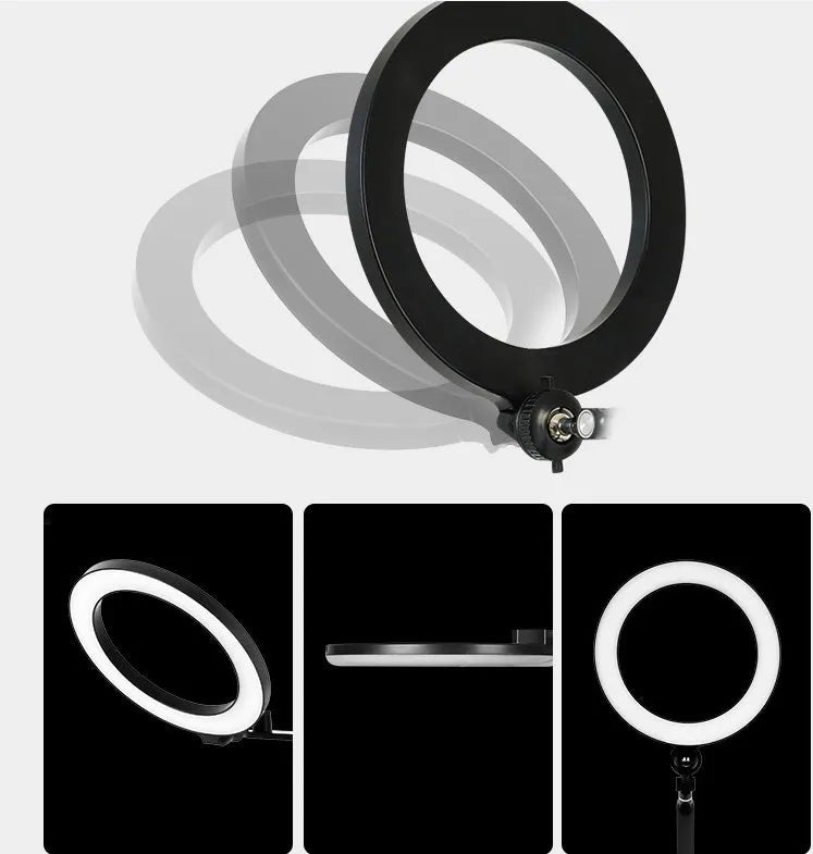 Black aluminium mobile phone tablet stand with fill light for floor-standing live broadcasts
