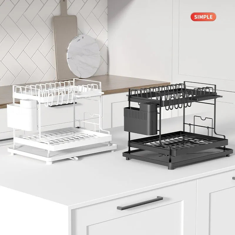White double-layer kitchen storage rack with a removable plastic draining tray on the bottom shelf.