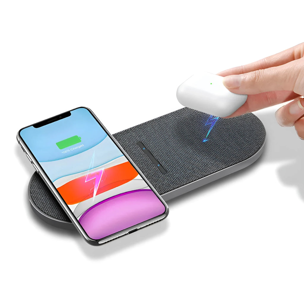 Black dual wireless charging pad with two device charging areas and LED indicator light