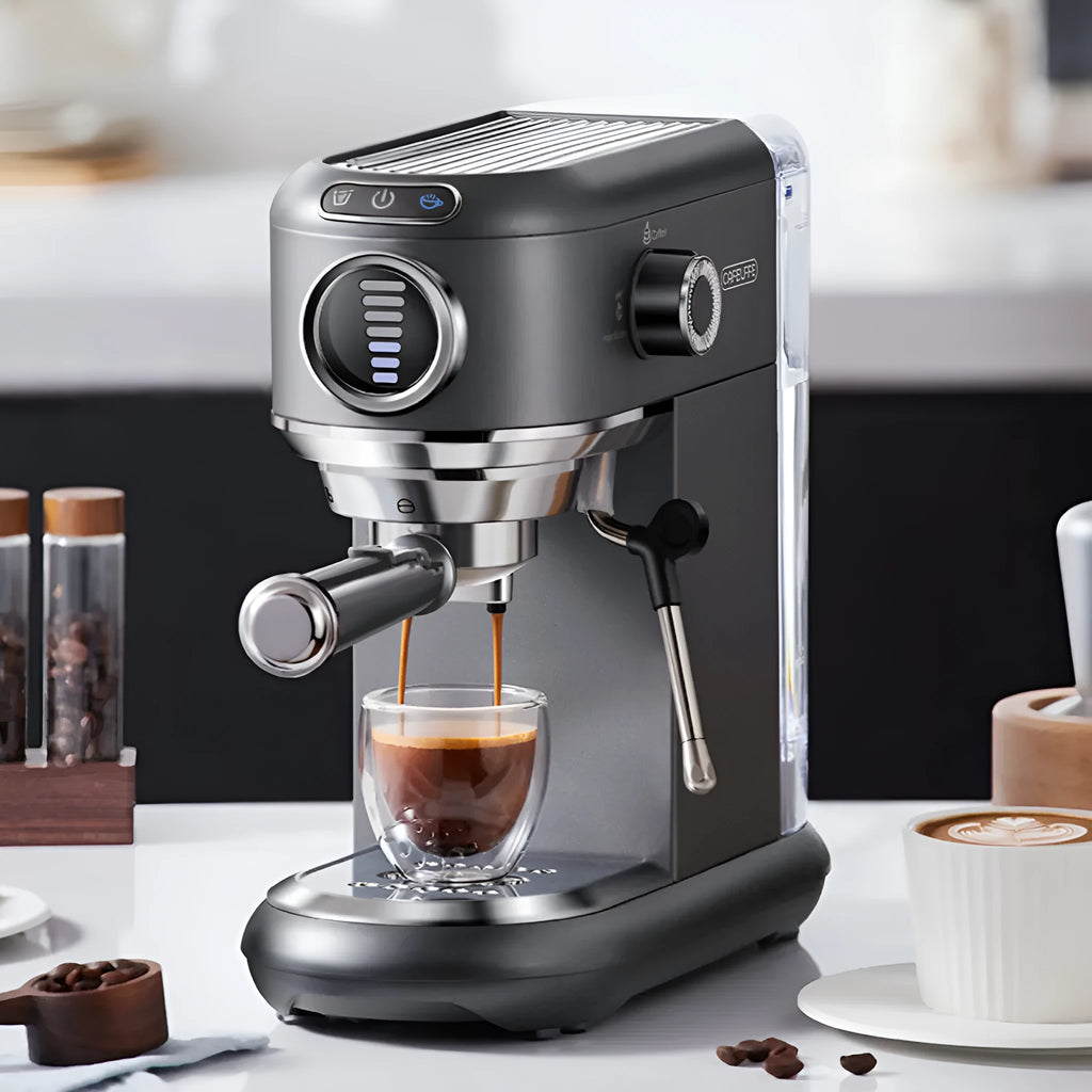 Dark gray household espresso coffee machine with stainless steel oiled plastic body and steam froth wand