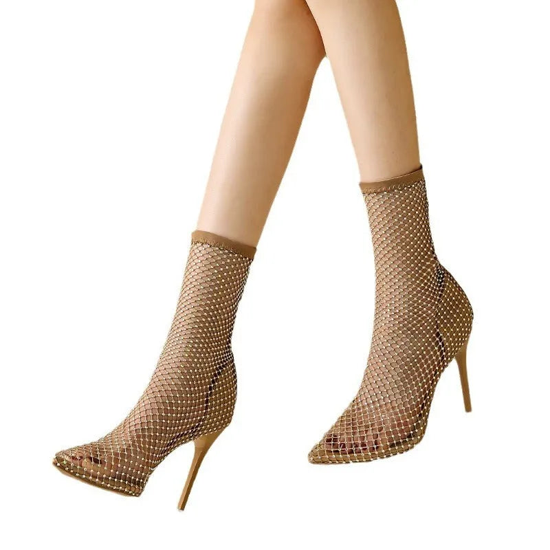 Gold mesh women's high heel sandals with pointed toe stiletto design on rubber sole