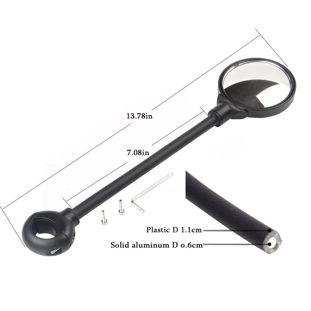 Black bicycle rearview mirror with hose adjustment system attached to handlebar