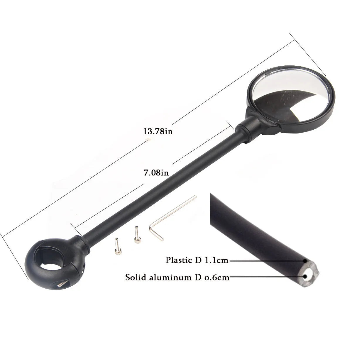 Black bicycle rearview mirror with hose adjustment system attached to handlebar