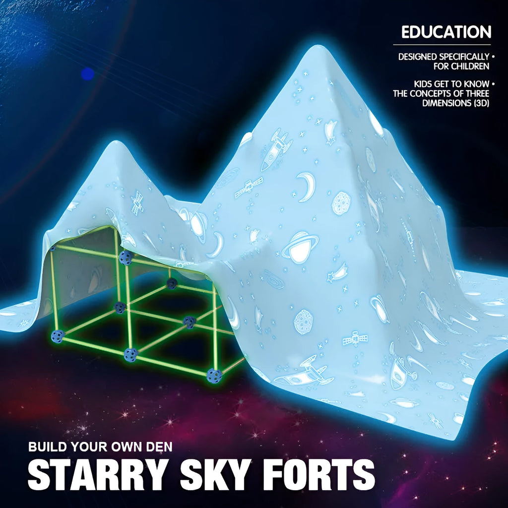 Children's luminous fort building kit with plastic rods, connector balls, and a constructed play tunnel.