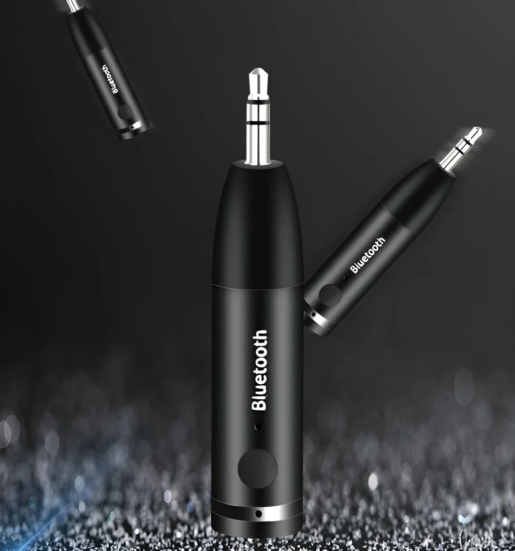 Black Bluetooth audio receiver with 3.5mm aux jack for car stereo wireless music streaming