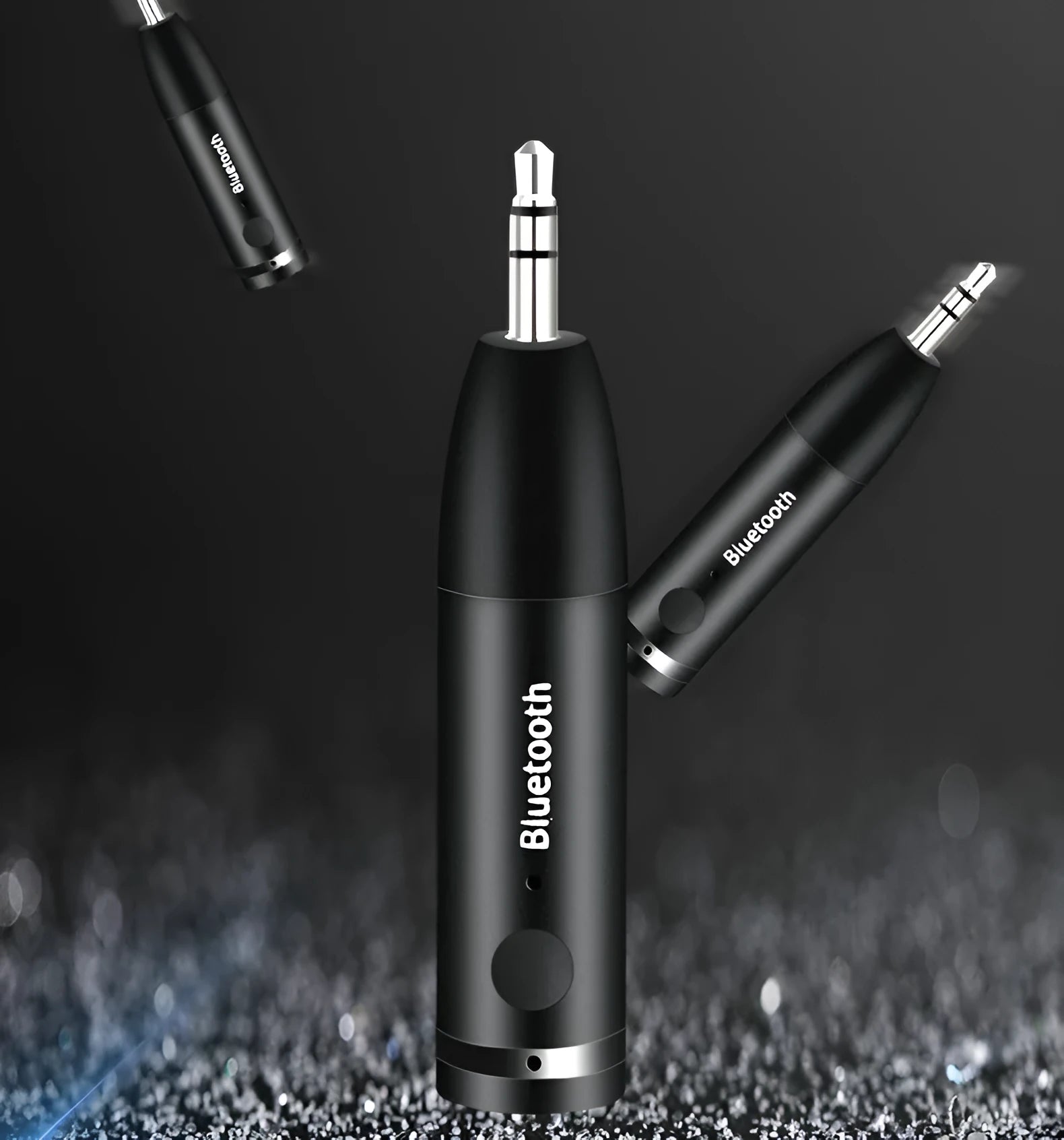Black Bluetooth audio receiver with 3.5mm aux jack for car stereo wireless music streaming