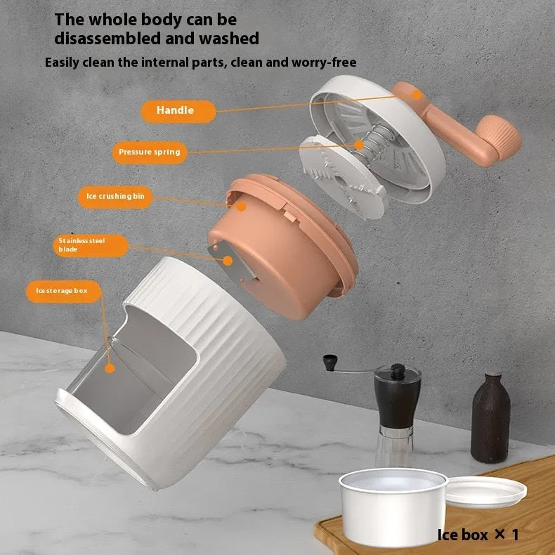 Hand-cranked ice shaving machine in green or orange with removable ice box, PP ABS and 304 stainless steel construction