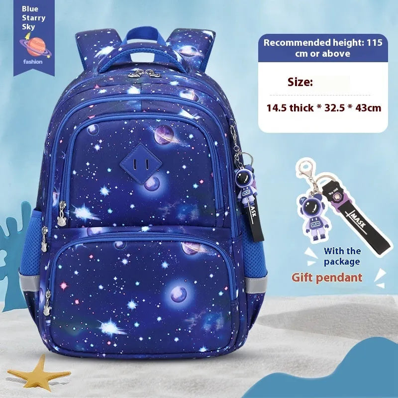 Children's Oxford cloth school backpack in a dinosaur pattern, showing curved straps and spine protection design.