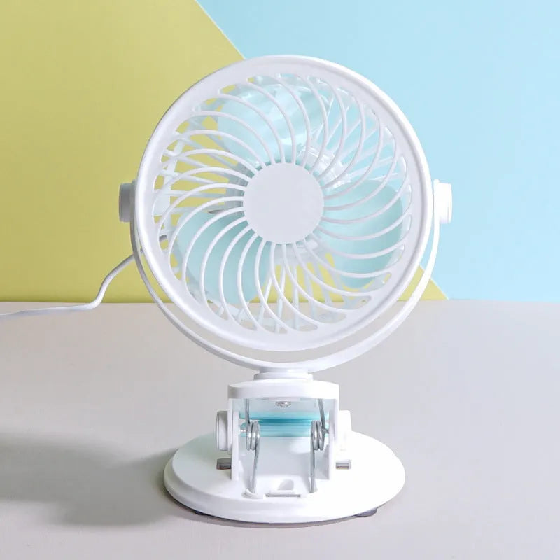 Small USB desktop fan in clip and floor standing styles showing compact size and three blades