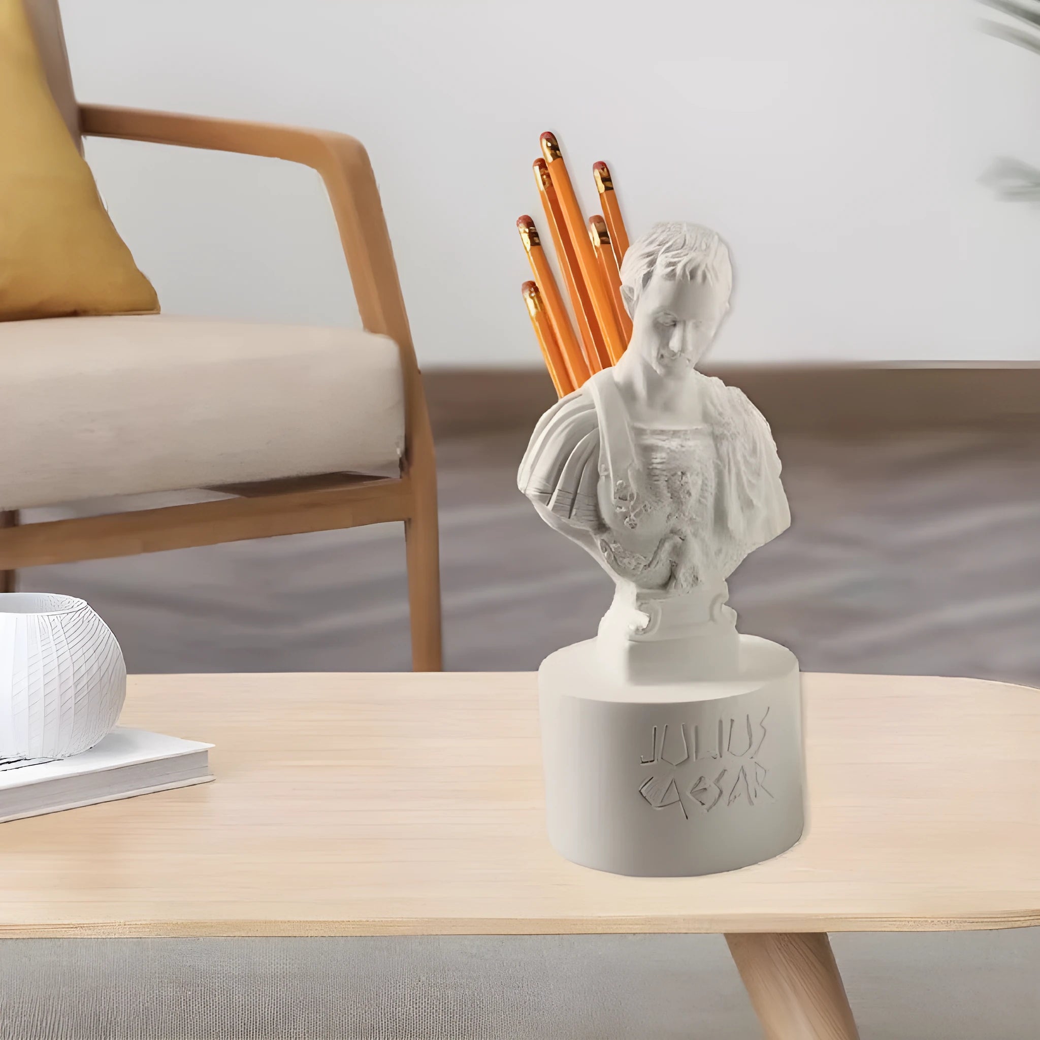 White synthetic resin American character modelling pen holder on a desk