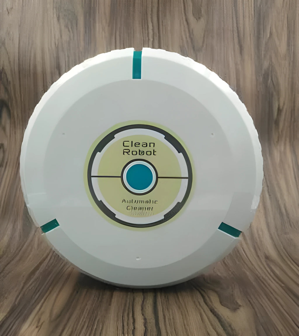 Black automatic sweeping robot cleaner on a wooden floor.