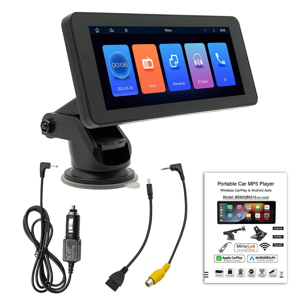Portable wireless car video player with 6.86-inch screen on a plastic housing.