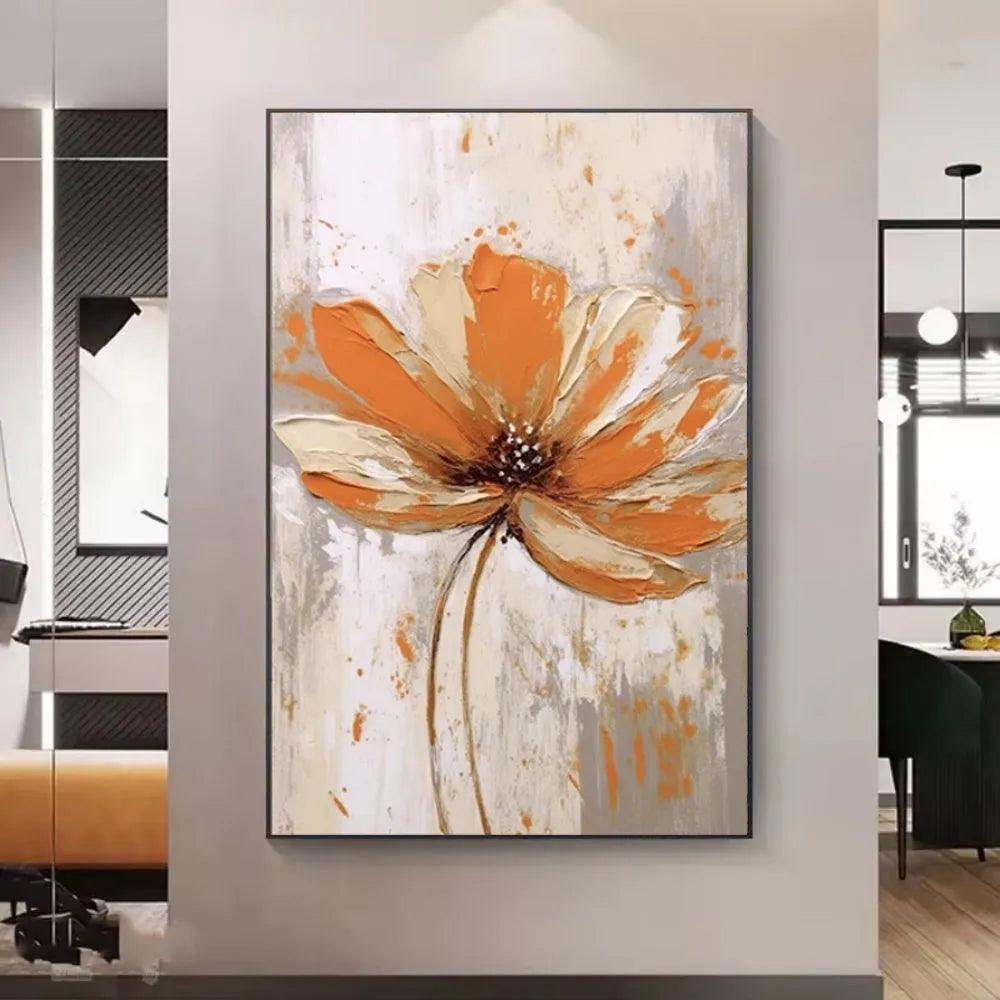 Handmade orange flower oil painting on canvas, modern abstract vertical wall art, frameless and unstretched