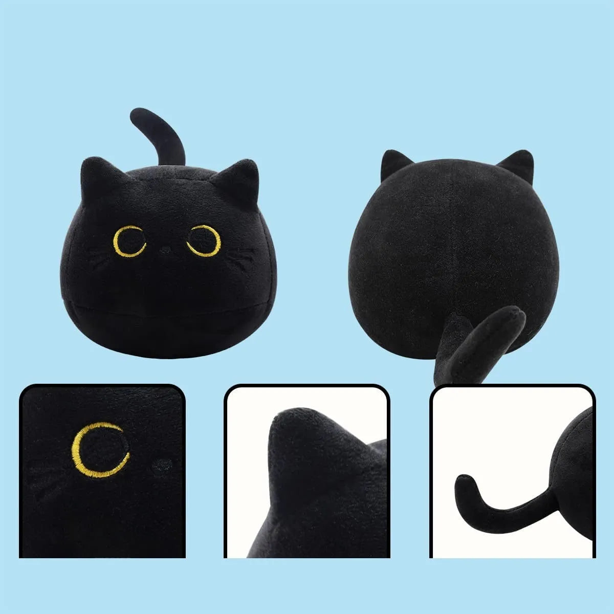 Fluffy black cat plush toy stuffed animal pillow cushion on a neutral background
