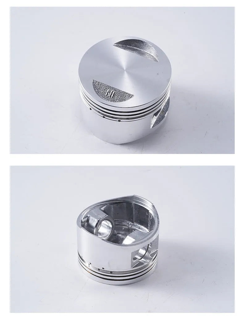 Motorcycle piston kit showing aluminium alloy piston with steel oil ring for 57.4mm cylinder engines